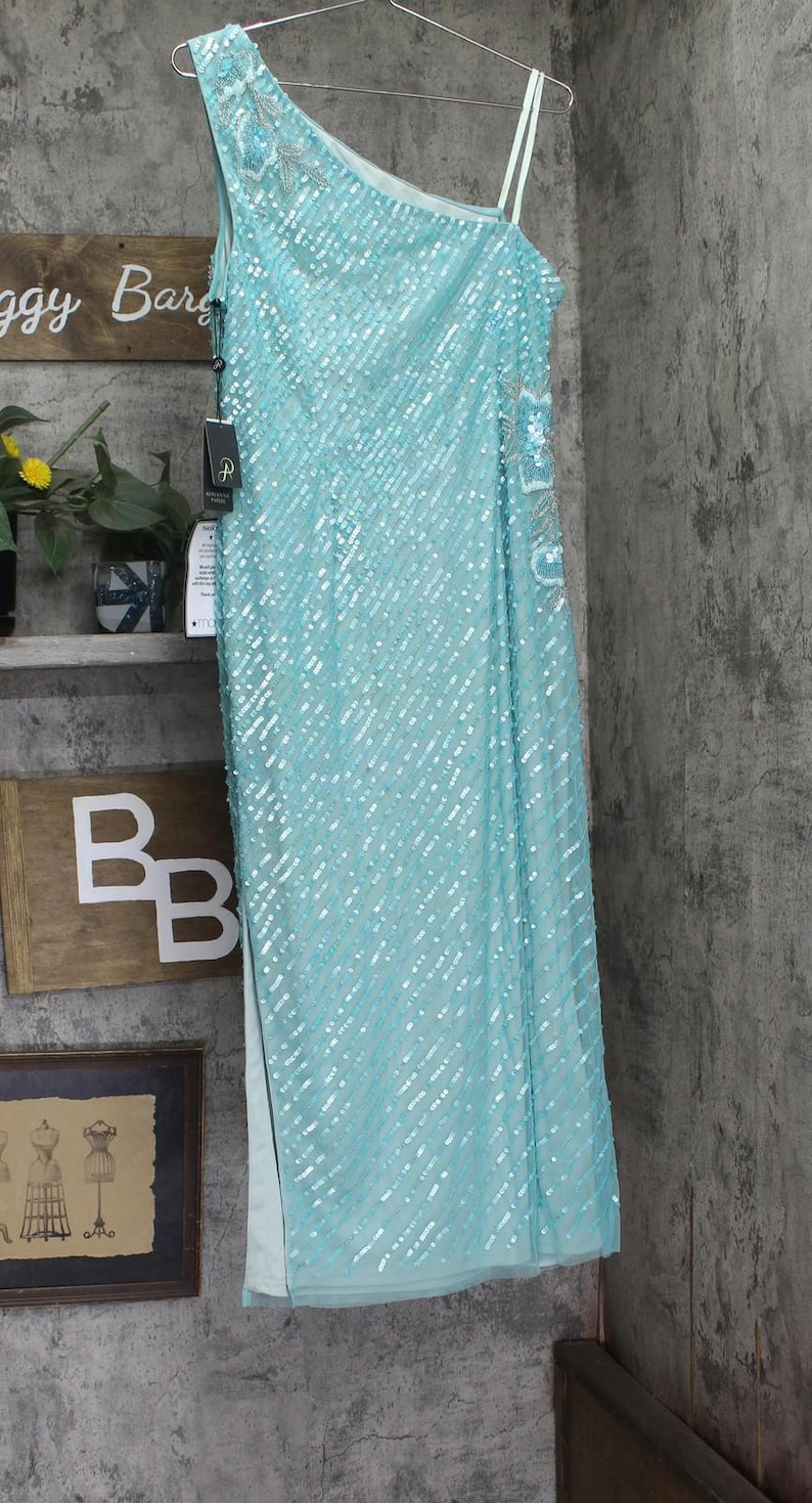 Nwt Adrianna Papell One Slit Dress Gown Aqua Luster Blue 14 image 2