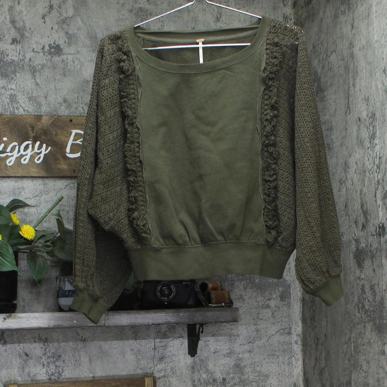 Free People Cropped Sweater Cotton Dolman Sleeve Green Xs image 1