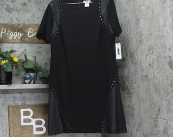 Nwt Dkny Womens Leather Detail Flare Dress Dd3j1489 Black 16