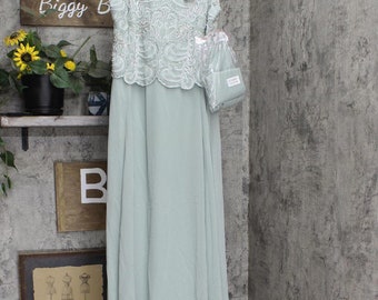 NWT J Kara Scallop Long Beaded Dress with Scarf Celadon 10P