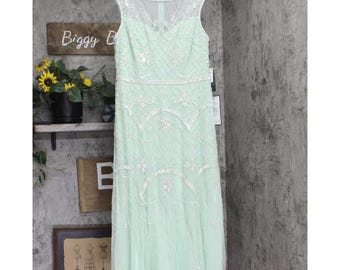 Adrianna Papell Sequin Dress Gown Green / Ivory 14