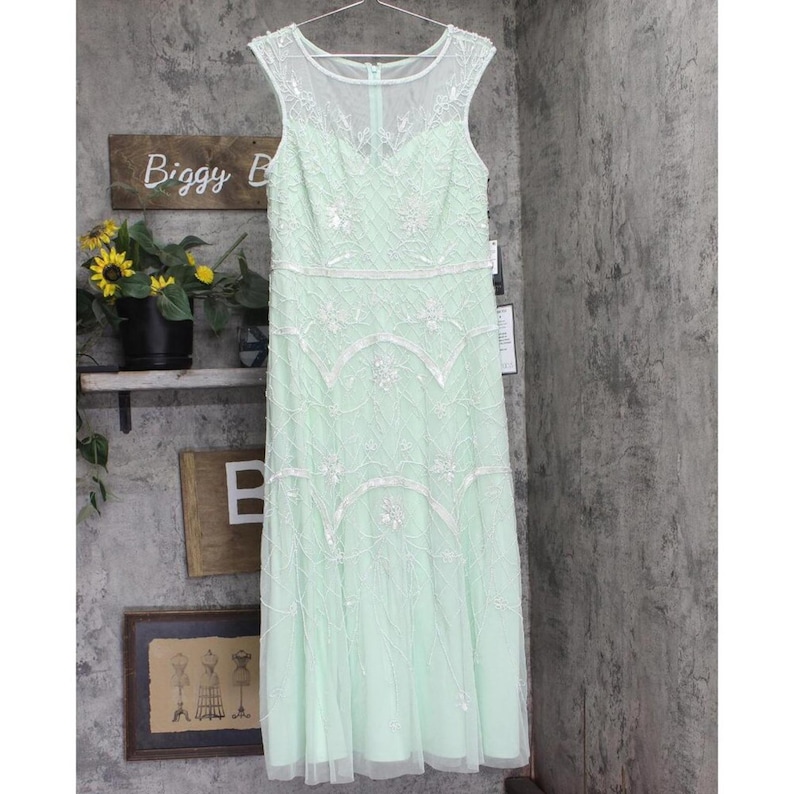 Adrianna Papell Sequin Dress Gown Green / Ivory 14 image 1