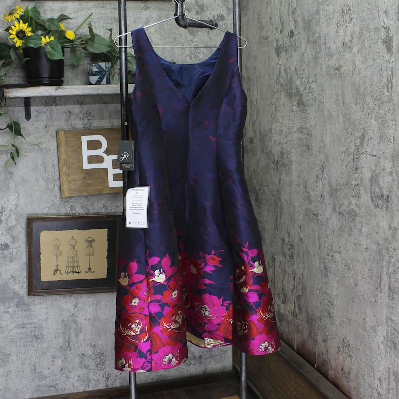 Nwt Adrianna Papell Jacquard Dress Navy Blue / Pink Multi 6 image 2