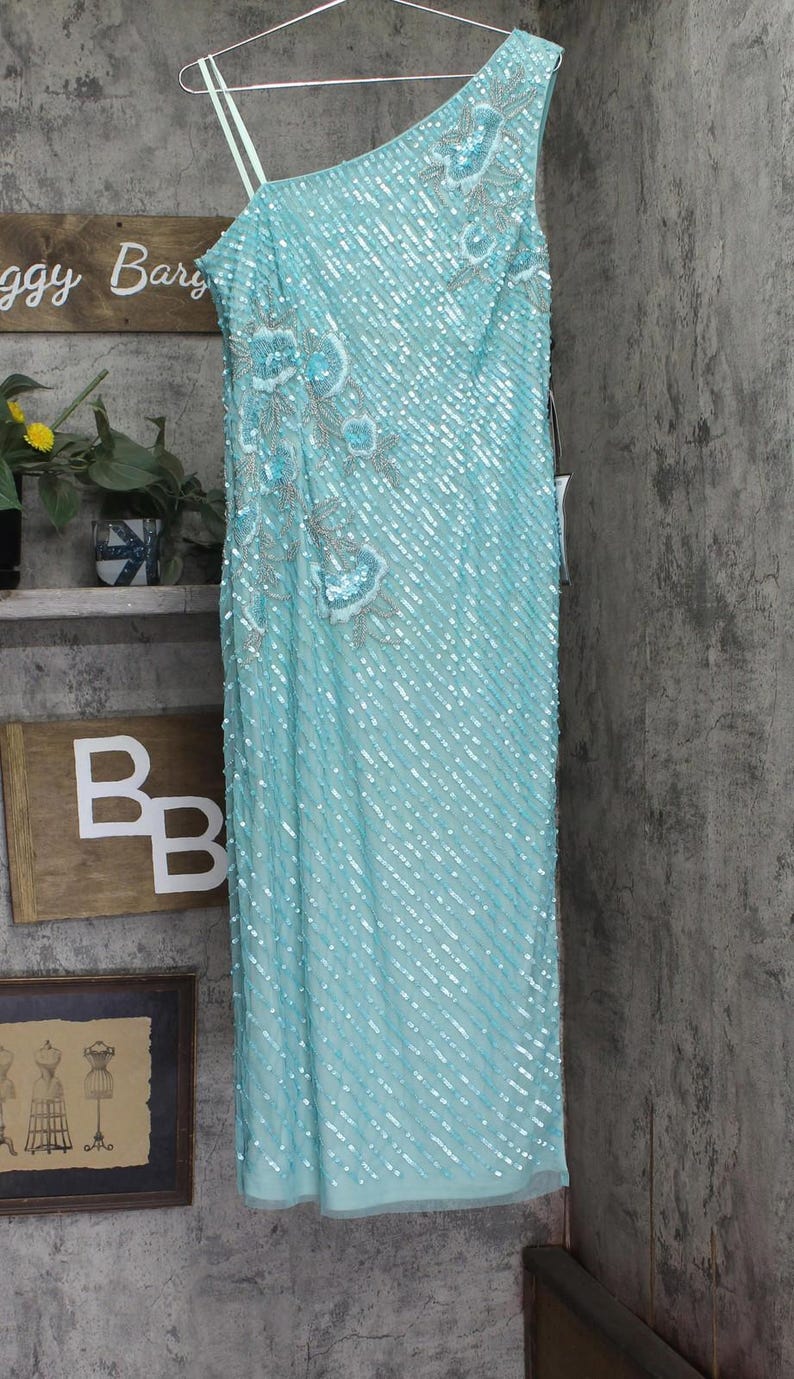 Nwt Adrianna Papell One Slit Dress Gown Aqua Luster Blue 14 image 1