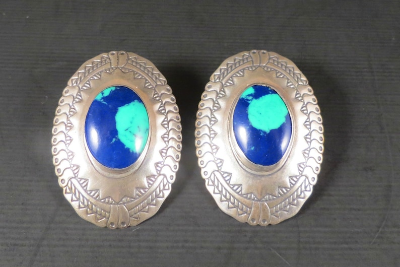 Birthday Gift Pierced Earrings Gift for Mom Sterling Silver Southwest Style Sterling and Azurite 1980s Vintage Southwest Earrings