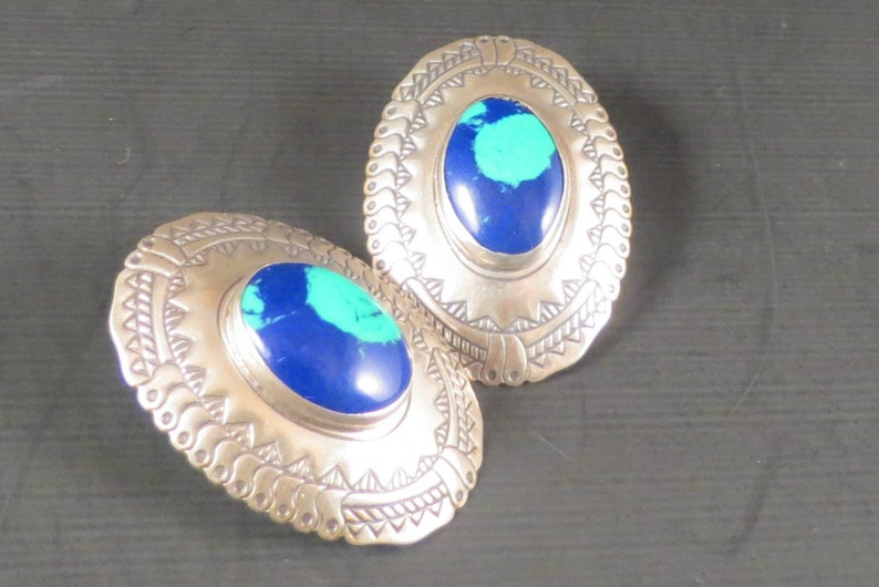 Birthday Gift Pierced Earrings Gift for Mom Sterling Silver Southwest Style Sterling and Azurite 1980s Vintage Southwest Earrings