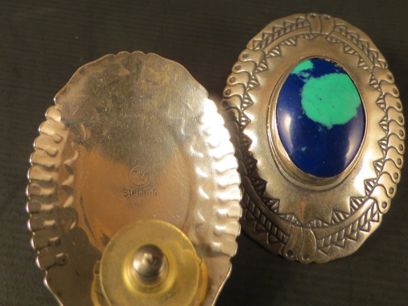 Birthday Gift Pierced Earrings Gift for Mom Sterling Silver Southwest Style Sterling and Azurite 1980s Vintage Southwest Earrings