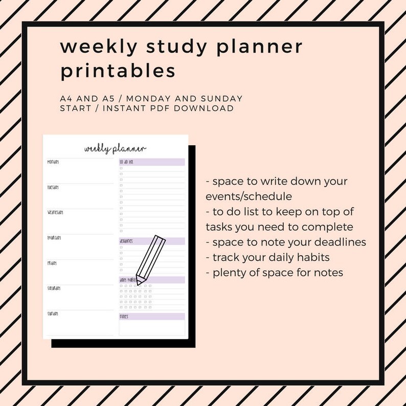 student weekly planner printable a4 and a5 sunday and etsy