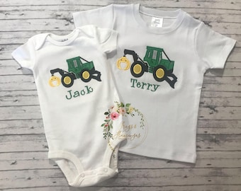 Green Skidder Shirt Farm Birthday Boy Outfit Custom Embroidered Tractor Applique Toddler Clothing Machine Stitched Name Personalization