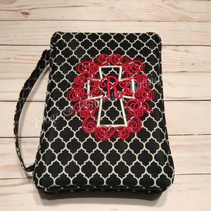 Protective Bible Sleeve Monogrammed Case Design Personalized Scripture Cover Zippered Security Feature Quatrefoil Pattern Detail Microfiber Material Construction Ribbon Bookmark Included Inside Pocket Storage Custom Christian Gift Religious