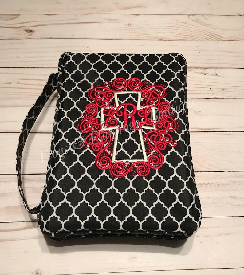 Protective Bible Sleeve Monogrammed Case Design Personalized Scripture Cover Zippered Security Feature Quatrefoil Pattern Detail Microfiber Material Construction Ribbon Bookmark Included Inside Pocket Storage Custom Christian Gift Religious
