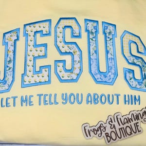 Christian Crewneck Sweatshirt Butter Yellow Comfort Colors Jesus Appliqué Blue Pattern Embroidered Message Faith Expression Clothing Vintage Aesthetic Religious Apparel Casual Wear Church Attire Youth Group Outfit Bible Study Wear Butter Yellow Shirt