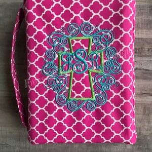 Quatrefoil Pattern Bible Cover Monogrammed Design Personalized Christian Gift Microfiber Material Construction Zippered Protection Case Custom Scripture Holder Ribbon Bookmark Feature Inside Pocket Storage Carry Handle Detail Church
