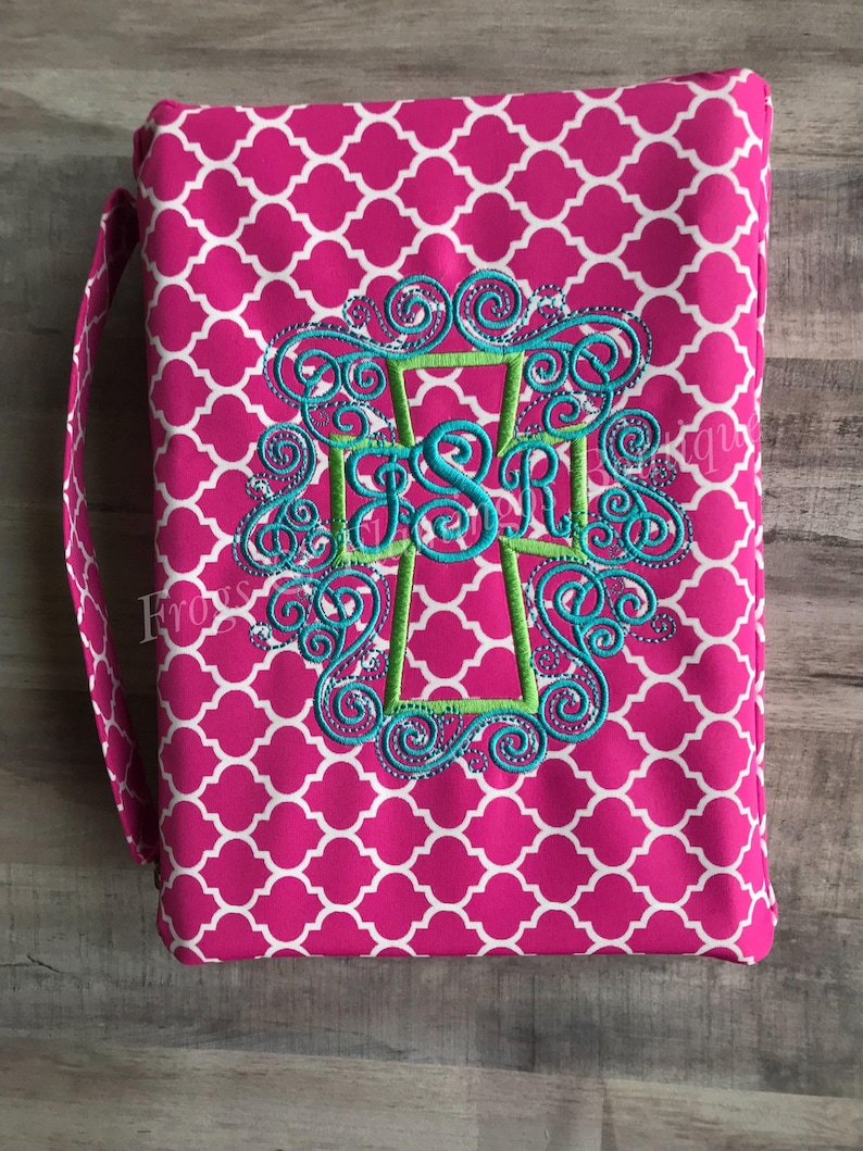 Quatrefoil Pattern Bible Cover Monogrammed Design Personalized Christian Gift Microfiber Material Construction Zippered Protection Case Custom Scripture Holder Ribbon Bookmark Feature Inside Pocket Storage Carry Handle Detail Church