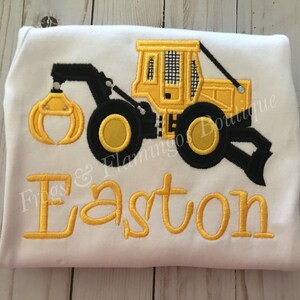 Infant Logger Bodysuit Skidder Applique Design Baby Boy Outfit Forestry Equipment Theme Custom Name Option Tractor Pattern Clothing Unique Machinery Detail Newborn Gift Idea Special Occasion Wear Cotton Comfortable Onesie Industry Worker