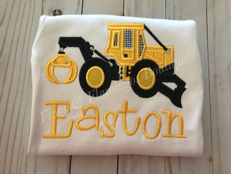 Infant Logger Bodysuit Skidder Applique Design Baby Boy Outfit Forestry Equipment Theme Custom Name Option Tractor Pattern Clothing Unique Machinery Detail Newborn Gift Idea Special Occasion Wear Cotton Comfortable Onesie Industry Worker