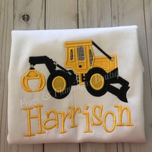 Forestry Theme Baby Outfit Skidder Design Applique Bodysuit Infant Logger Clothing Custom Name Option Unique Machinery Pattern Newborn Boy Gift Cotton Comfortable Onesie Tractor Equipment Detail Special Occasion Wear Industry Worker Family