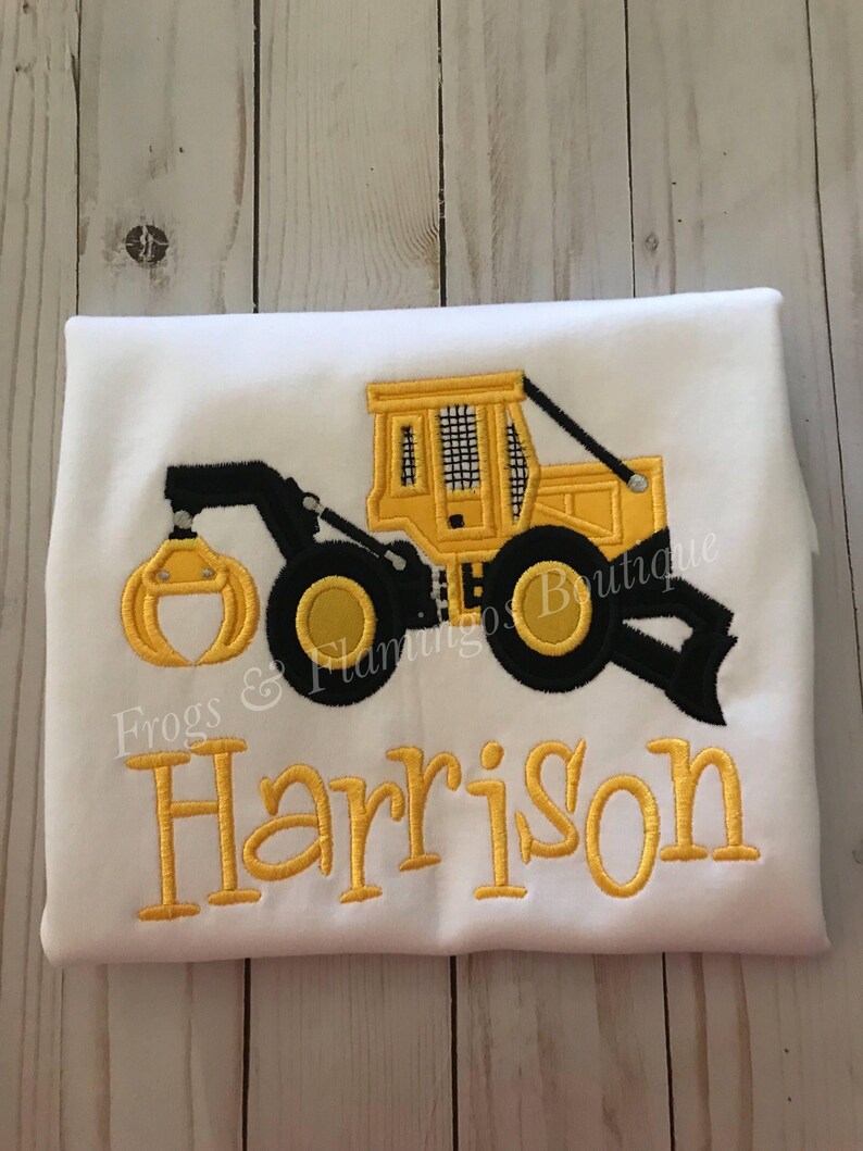 Forestry Theme Baby Outfit Skidder Design Applique Bodysuit Infant Logger Clothing Custom Name Option Unique Machinery Pattern Newborn Boy Gift Cotton Comfortable Onesie Tractor Equipment Detail Special Occasion Wear Industry Worker Family