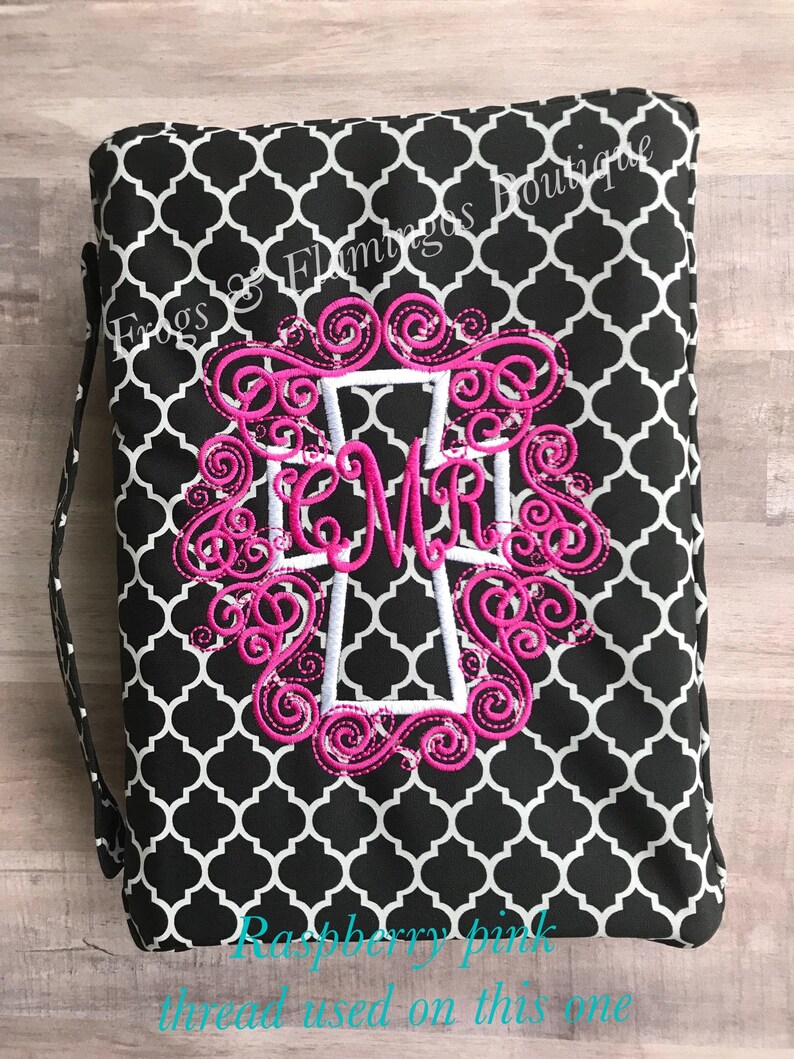 Zippered Bible Case Protective Cover Monogrammed Design Personalized Scripture Holder Microfiber Quatrefoil Pattern Custom Religious Accessory Carry Handle Feature Ribbon Bookmark Detail Inside Storage Pocket Church Essential Bible Study