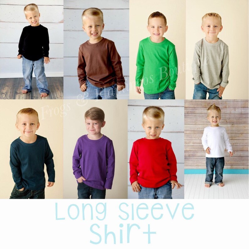Puede incluir: Un collage de diez fotos que muestran a un ni&ntilde;o usando una camisa de manga larga en varios colores, incluyendo negro, marr&oacute;n, verde, gris, azul marino, morado, rojo y blanco. Las camisas son todas lisas y tienen cuello redondo.