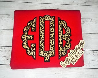 Monogram Crewneck Sweatshirt Leopard Initial Cotton Pullover Custom Design Scalloped Appliqué Personalized Clothing Red Apparel Animal Print