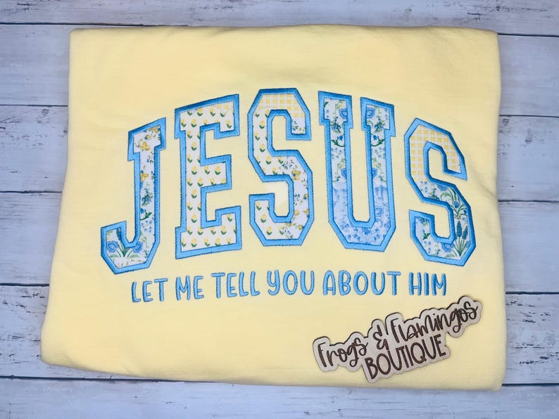 Christian Gift Idea Religious Apparel Collection Butter Yellow Sweatshirt Jesus Appliqué Design Embroidered Message Detail Faith Expression Clothing Unique Fabric Placement Comfort Colors Quality Youth Group Wear Church Gathering Outfit Butter yellow Vintage Shirt Christmas Gifts for Her Jesus Let me Tell You about Him Shirt Sweatshirt for Mom Gift for Grandma Gift for Teacher