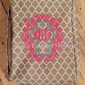 Monogrammed Bible Cover Personalized Christian Gift Custom Birthday Present Religious Book Case Zippered Protection Microfiber Material Quatrefoil Pattern Design Ribbon Bookmark Feature Inside Pocket Storage Church Accessory Scripture