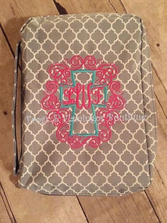 Monogrammed Bible Cover Case Zippered Christian Gift for Birthday Present Idea Book Protective Sleeve Microfiber Design Quatrefoil Pattern