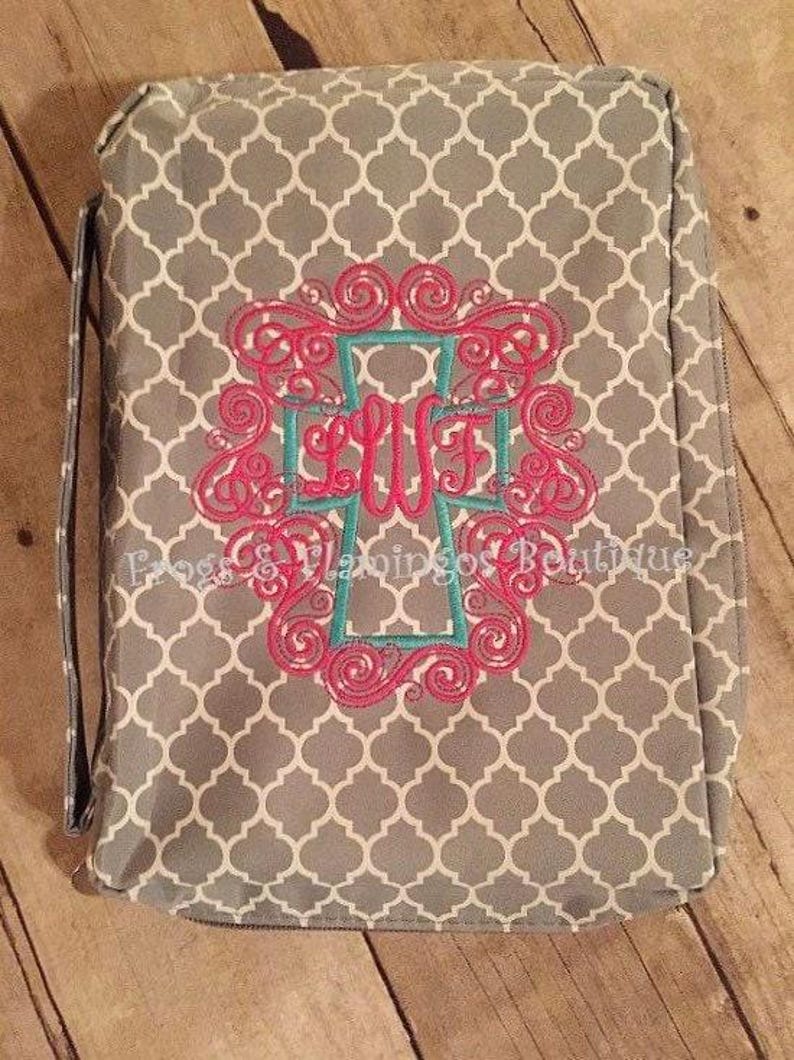 Monogrammed Bible Cover Personalized Christian Gift Custom Birthday Present Religious Book Case Zippered Protection Microfiber Material Quatrefoil Pattern Design Ribbon Bookmark Feature Inside Pocket Storage Church Accessory Scripture