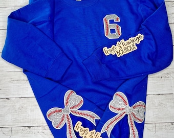 Baseball Bow Sweatshirt Side Split Design Softball Shirt Mom Gift Idea Team Apparel Sport Crewneck Custom Number Fan Mentor