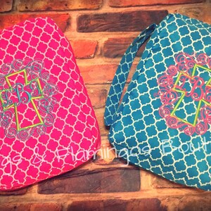 Custom Bible Cover Monogrammed Design Christian Gift Idea Birthday Present Option Quatrefoil Pattern Detail Zippered Protection Case Microfiber Material Construction Ribbon Bookmark Feature Inside Storage Pocket Church Accessory Scripture