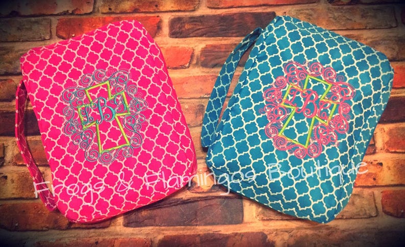 Custom Bible Cover Monogrammed Design Christian Gift Idea Birthday Present Option Quatrefoil Pattern Detail Zippered Protection Case Microfiber Material Construction Ribbon Bookmark Feature Inside Storage Pocket Church Accessory Scripture