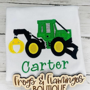 Green Skidder Shirt Tractor Applique Baby Bodysuit Personalized Name Embroidered Outfit Farm Birthday Boy Clothing Logging Theme Country