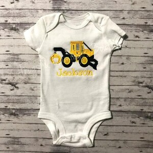 Custom Baby Bodysuit Skidder Design Personalized Infant Outfit Logging Equipment Theme Forestry Worker Gift Machinery Applique Detail Unique Newborn Present Logger Family Clothing Special Occasion Wear Cotton Comfortable Onesie Tractor