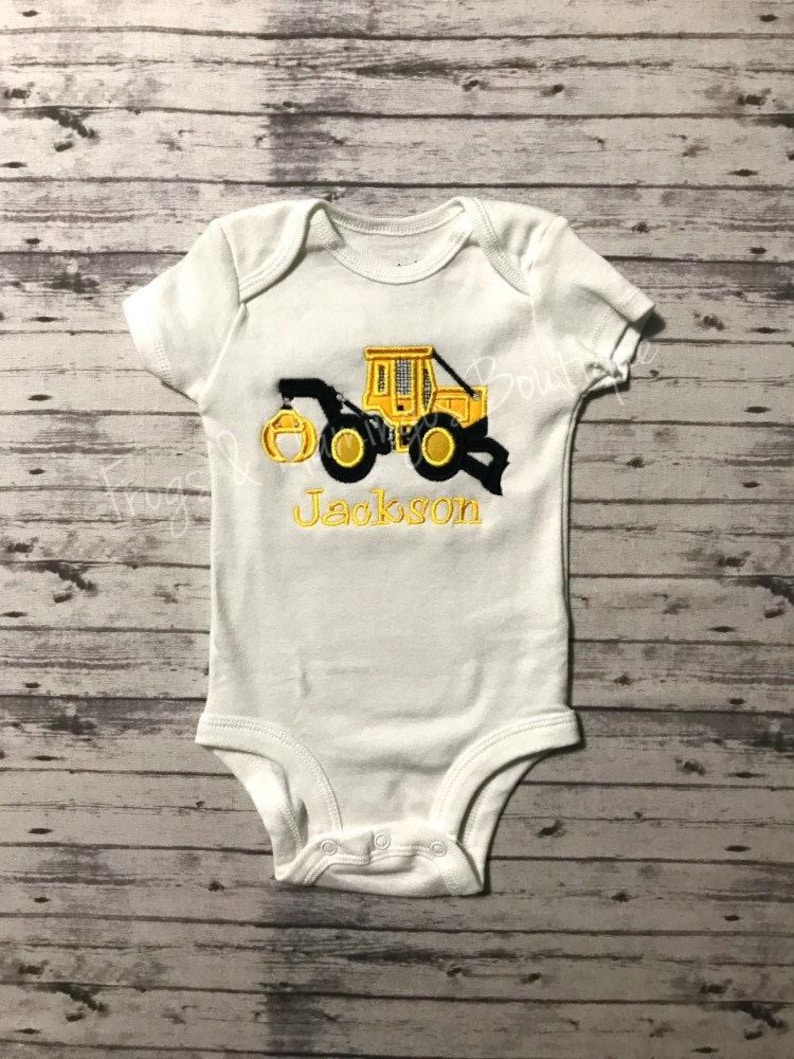Custom Baby Bodysuit Skidder Design Personalized Infant Outfit Logging Equipment Theme Forestry Worker Gift Machinery Applique Detail Unique Newborn Present Logger Family Clothing Special Occasion Wear Cotton Comfortable Onesie Tractor