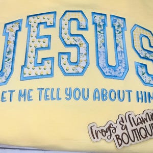 Christian Crewneck Sweatshirt Butter Yellow Comfort Colors Jesus Appliqué Blue Pattern Embroidered Message Faith Expression Clothing Vintage Aesthetic Religious Apparel Casual Wear Church Attire Youth Group Outfit Bible Study Wear Butter Yellow Crewneck Sweatshirt Vintage Applique