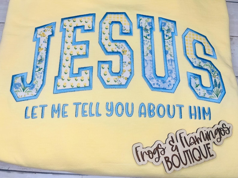Christian Crewneck Sweatshirt Butter Yellow Comfort Colors Jesus Appliqué Blue Pattern Embroidered Message Faith Expression Clothing Vintage Aesthetic Religious Apparel Casual Wear Church Attire Youth Group Outfit Bible Study Wear Butter Yellow Crewneck Sweatshirt Vintage Applique