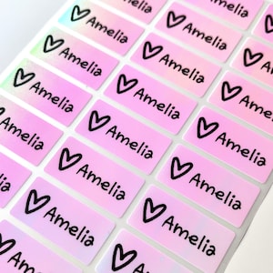 Heart name labels for water bottle school kids  Waterproof name tag Personalized Daycare labels Preschool labels Pink hologram