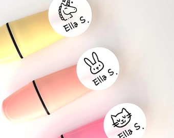 Waterproof Round Name Label Sticker Personalized Daycare Labels Simple White Round Cute Animal Designs