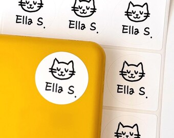 Cat Name Sticker Labels Personalized Waterproof School Labels Simple White Round Cute Animal Designs