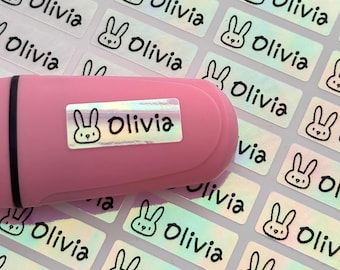 Pink Name Labels Personalized Name Stickers Holographic Bunny  Custom Name Labels Waterproof Tags for School and Daycare