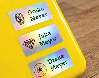 Etiquetas personalizadas impermeables para nombre de niño, etiquetas adhesivas para el regreso a clases para campamento de superhéroes