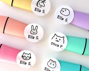 Personalized Round Name Label Stickers Waterproof Labels Simple White Cute Animal Designs