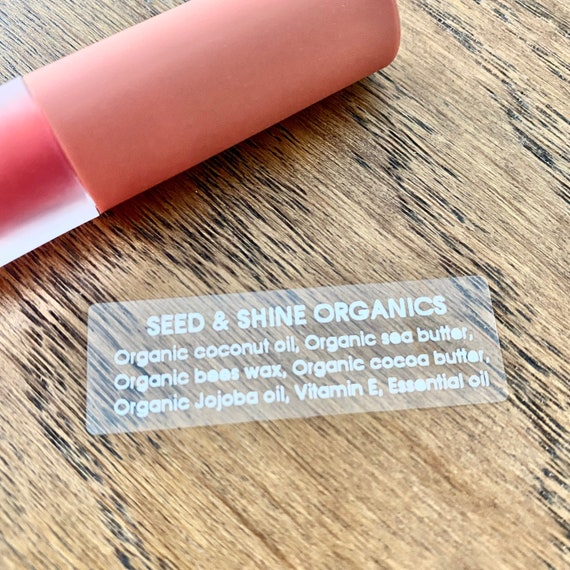 Ingredient labels | Clear lip gloss stickers | Cosmetic ingredient labels | Clear labels | Custom labels | White font labels