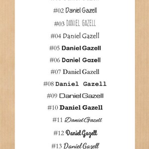 May include: A list of 15 different font styles for the name "Daniel Gazell". Each font style is numbered from 1 to 15.