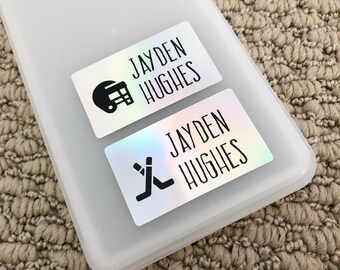 Hockey labels | Hockey stickers | Hockey gifts | Hockey name labels | Hockey mom |  Boy name labels | Hockey kids gifts | Hologram silver