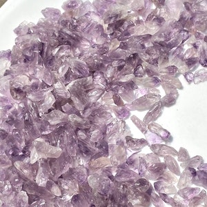 May include: A pile of small, raw amethyst crystals in shades of purple and lavender. A US quarter is included for size reference. The crystals are scattered across a white surface, showcasing their natural, irregular shapes.