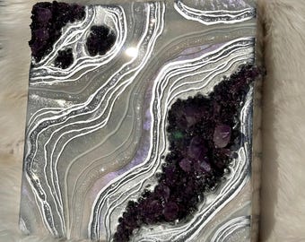 Amethyst Geode Wall Art - Metallic Epoxy Resin Painting - 12”x 12”