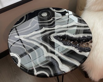 Black & Silver Geode Tables with Smoky Quartz Crystals - Functional Epoxy Resin Art - Agate Home Décor - 24” x 24” x 20”