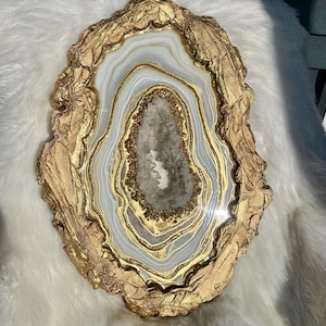 ○Crystal veil 絵画原画+天然石 Purple, Green, & Gold Geode Painting W/ Brazilian Quartz